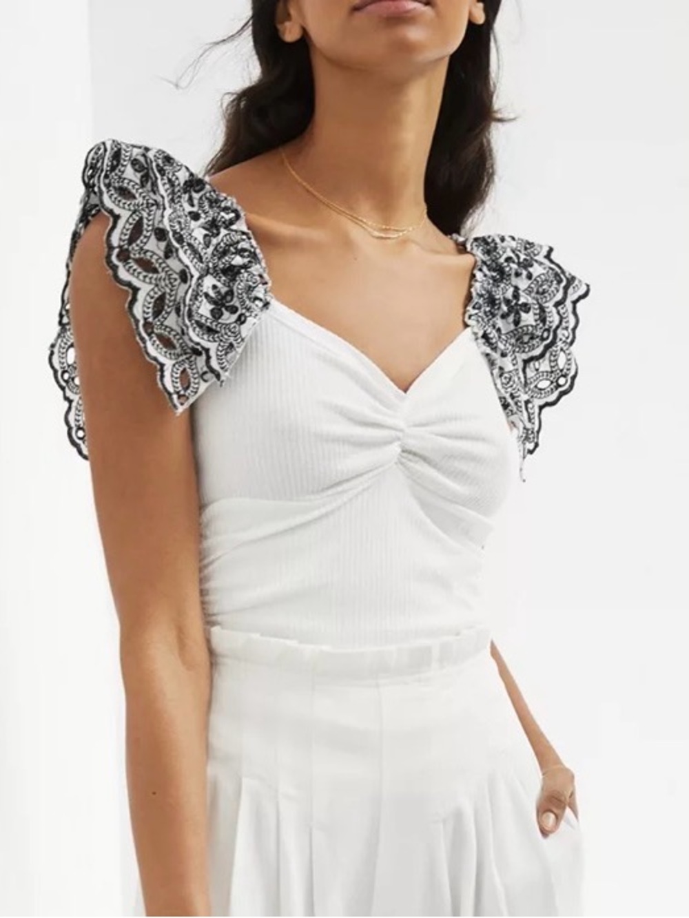 By Anthropologie Ruffle Sleeve Eyelet Top Tank with Black Lace Flutter Sleeves L